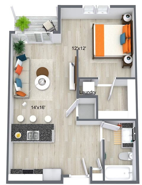 Floor plan for studio, 1 bath, 600 sqft